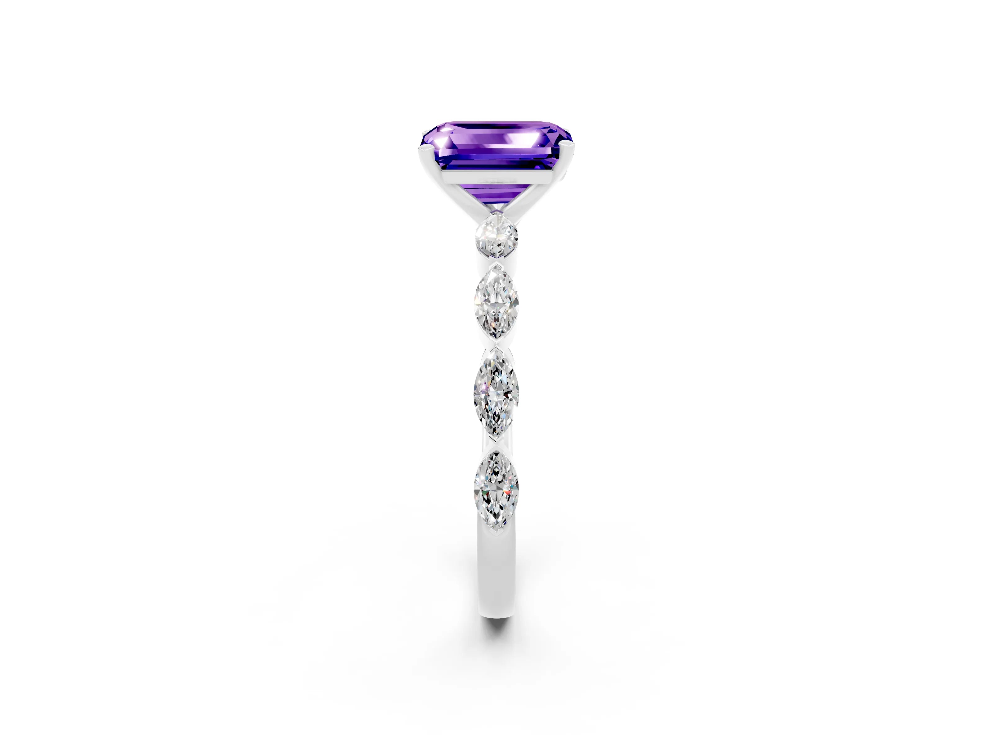 White gold Emerald Cut Tanzanite Ring with Marquise Side Stones and Prong Setting_2