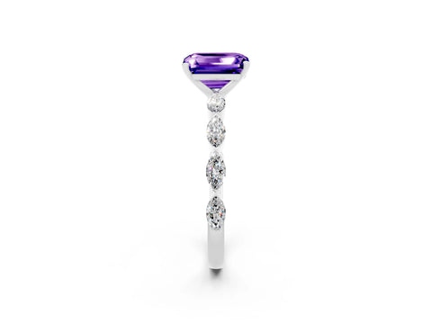 White gold Emerald Cut Tanzanite Ring with Marquise Side Stones and Prong Setting_2