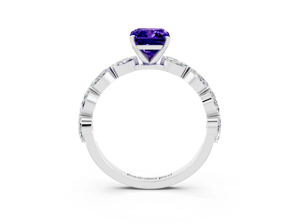 White gold Emerald Cut Tanzanite Ring with Marquise Side Stones and Prong Setting