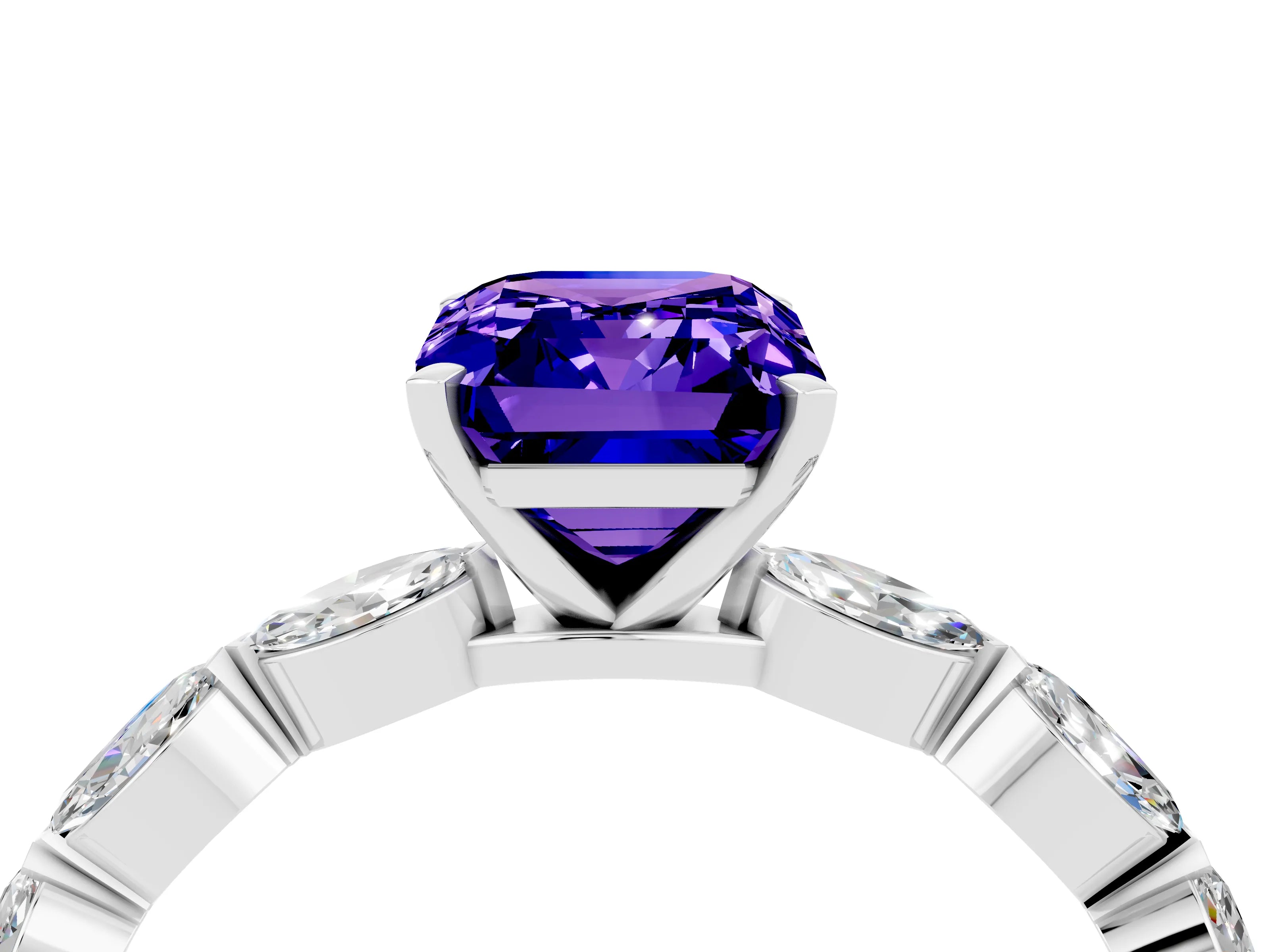 White gold Emerald Cut Tanzanite Ring with Marquise Side Stones and Prong Setting_4