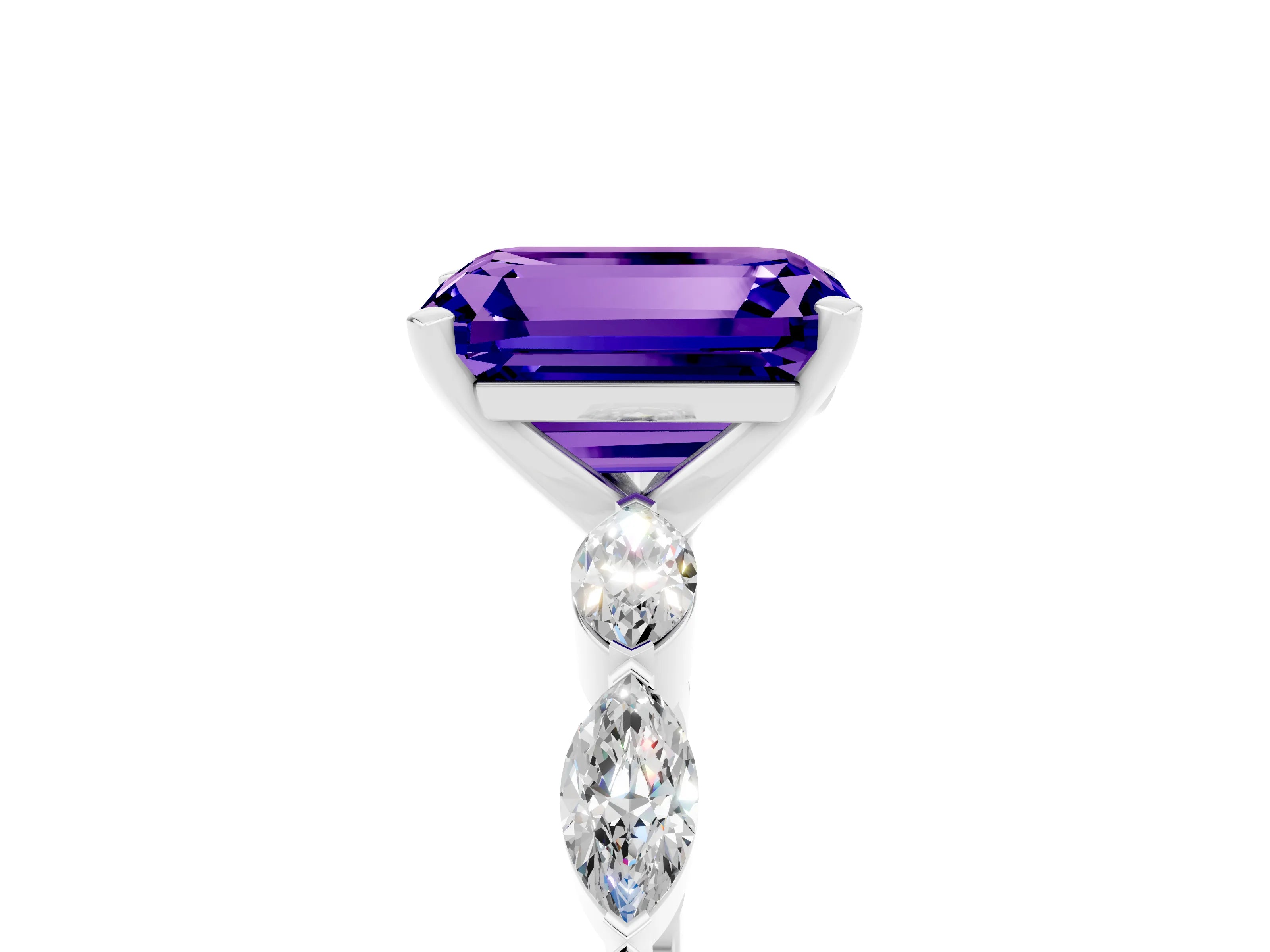 White gold Emerald Cut Tanzanite Ring with Marquise Side Stones and Prong Setting_5