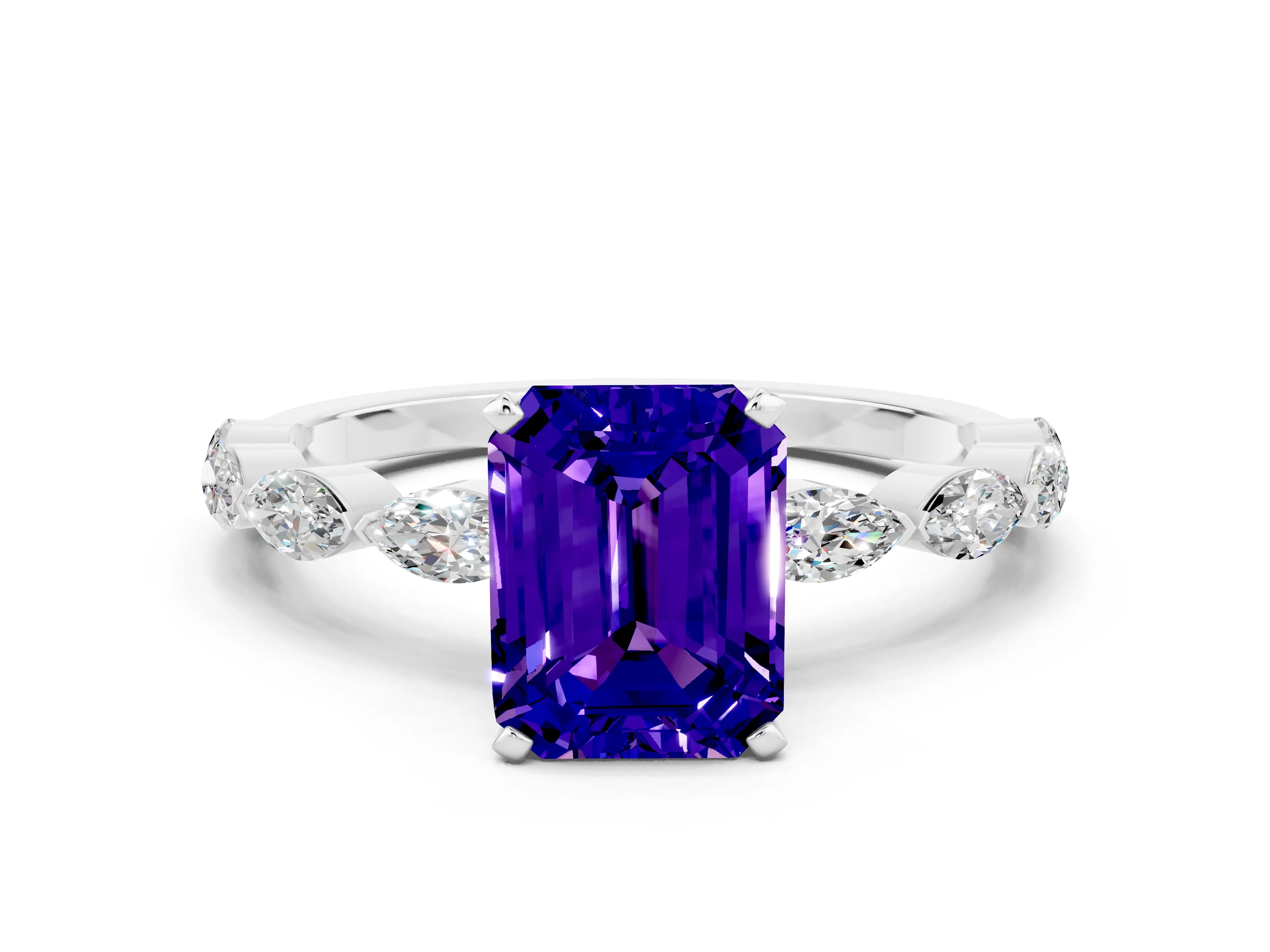 White gold Emerald Cut Tanzanite Ring with Marquise Side Stones and Prong Setting