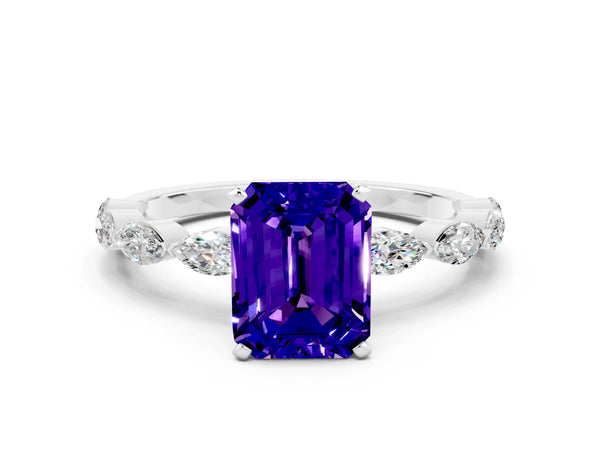 Silver Emerald Cut Tanzanite Ring with Marquise Side Stones and Prong Setting