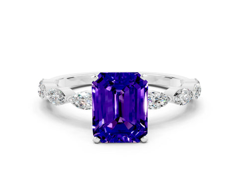 White gold Emerald Cut Tanzanite Ring with Marquise Side Stones and Prong Setting