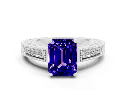 White gold Emerald Cut Tanzanite Ring with Milgrain Pavé Band and Four-Prong Setting_12