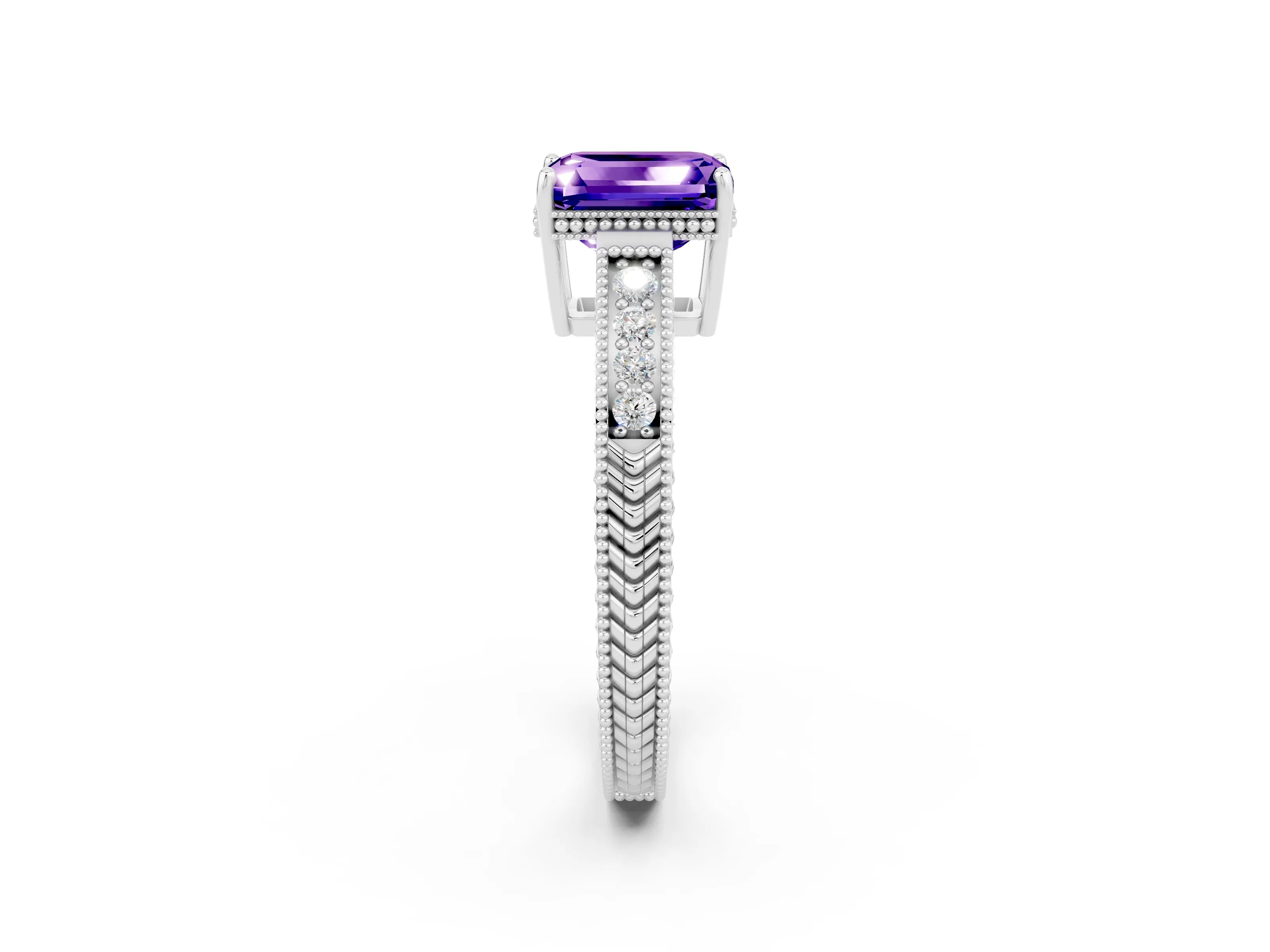 White gold Emerald Cut Tanzanite Ring with Milgrain Pavé Band and Four-Prong Setting_14