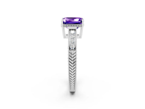 White gold Emerald Cut Tanzanite Ring with Milgrain Pavé Band and Four-Prong Setting_14