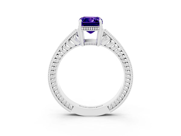 White gold Emerald Cut Tanzanite Ring with Milgrain Pavé Band and Four-Prong Setting