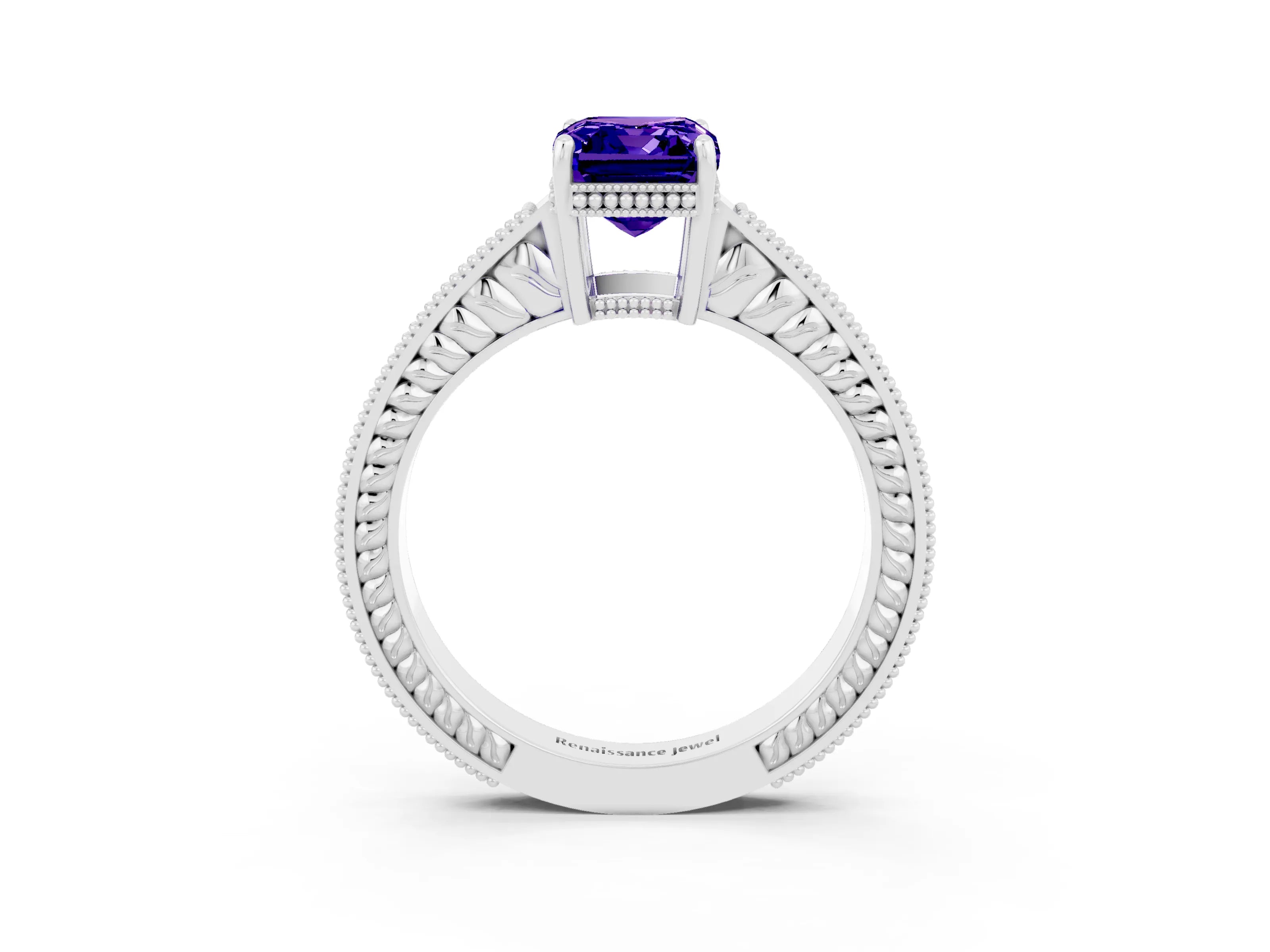 White gold Emerald Cut Tanzanite Ring with Milgrain Pavé Band and Four-Prong Setting_15