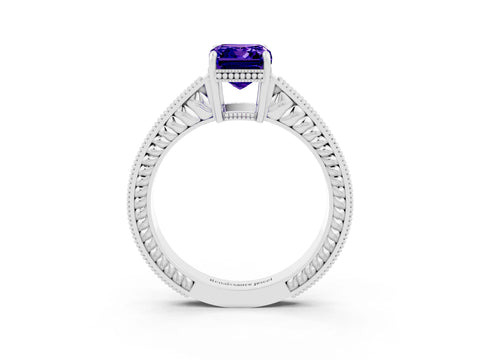 White gold Emerald Cut Tanzanite Ring with Milgrain Pavé Band and Four-Prong Setting_15