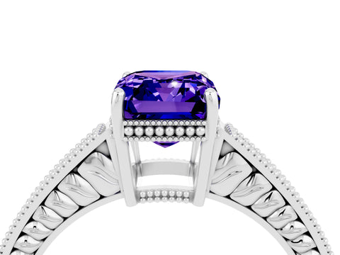 White gold Emerald Cut Tanzanite Ring with Milgrain Pavé Band and Four-Prong Setting_16