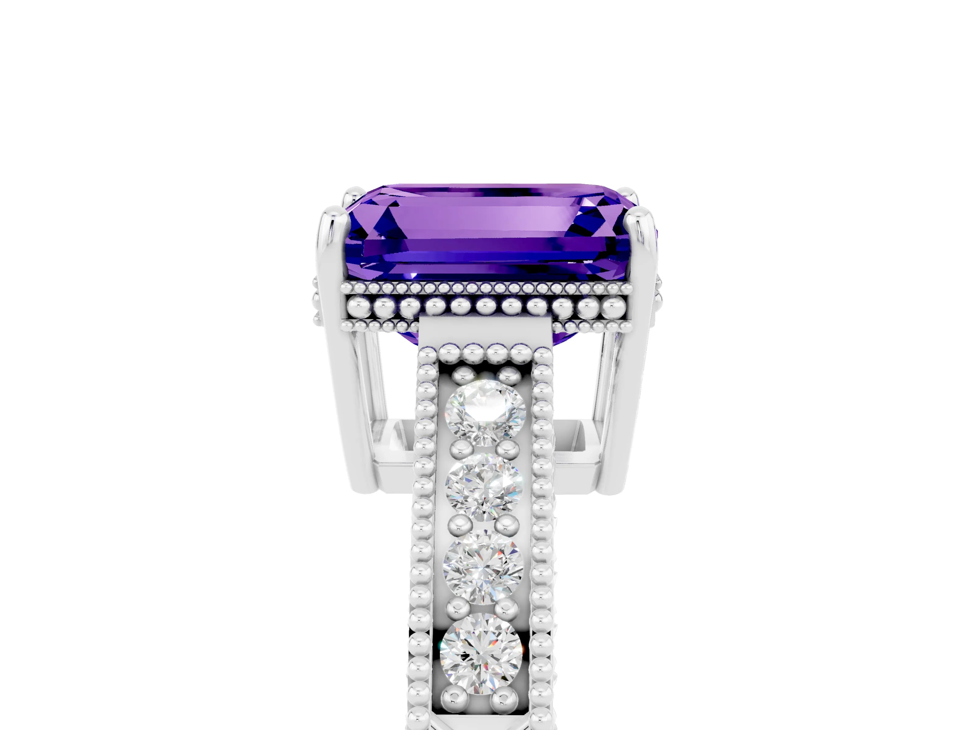 White gold Emerald Cut Tanzanite Ring with Milgrain Pavé Band and Four-Prong Setting_17