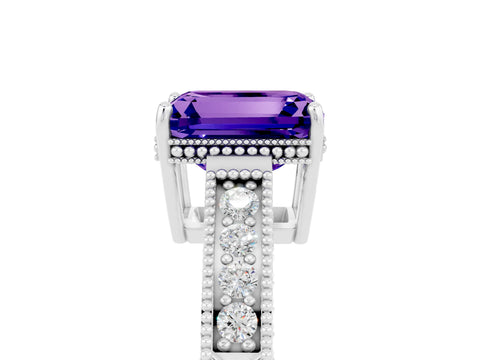 White gold Emerald Cut Tanzanite Ring with Milgrain Pavé Band and Four-Prong Setting_17