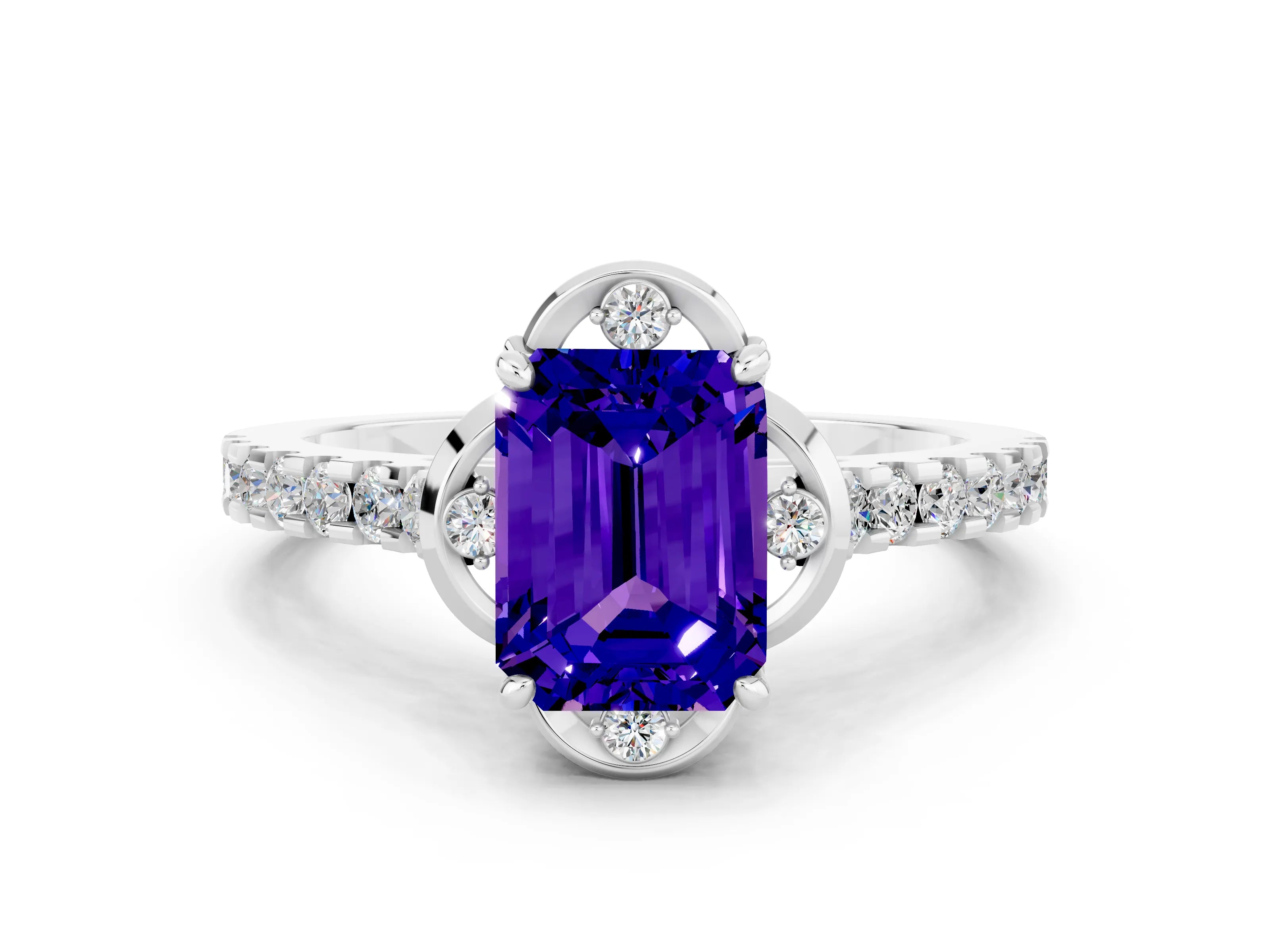White gold Emerald Cut Tanzanite Ring with Pavé Band and Floral Prong Setting