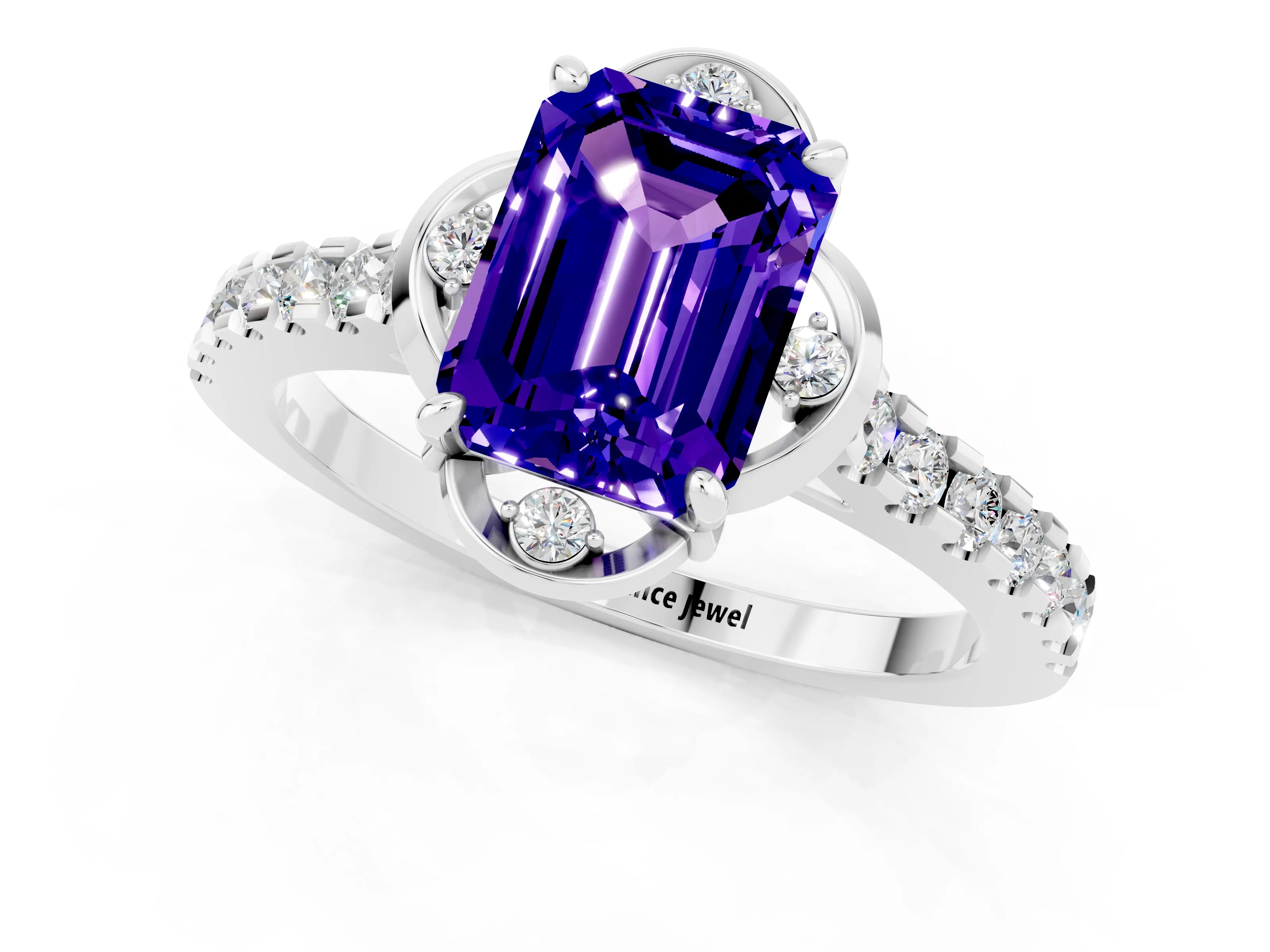 White gold Emerald Cut Tanzanite Ring with Pavé Band and Floral Prong Setting_1
