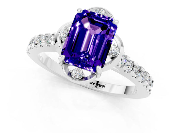 White gold Emerald Cut Tanzanite Ring with Pavé Band and Floral Prong Setting