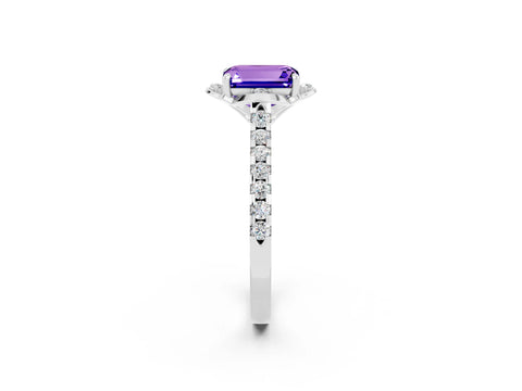 White gold Emerald Cut Tanzanite Ring with Pavé Band and Floral Prong Setting_2