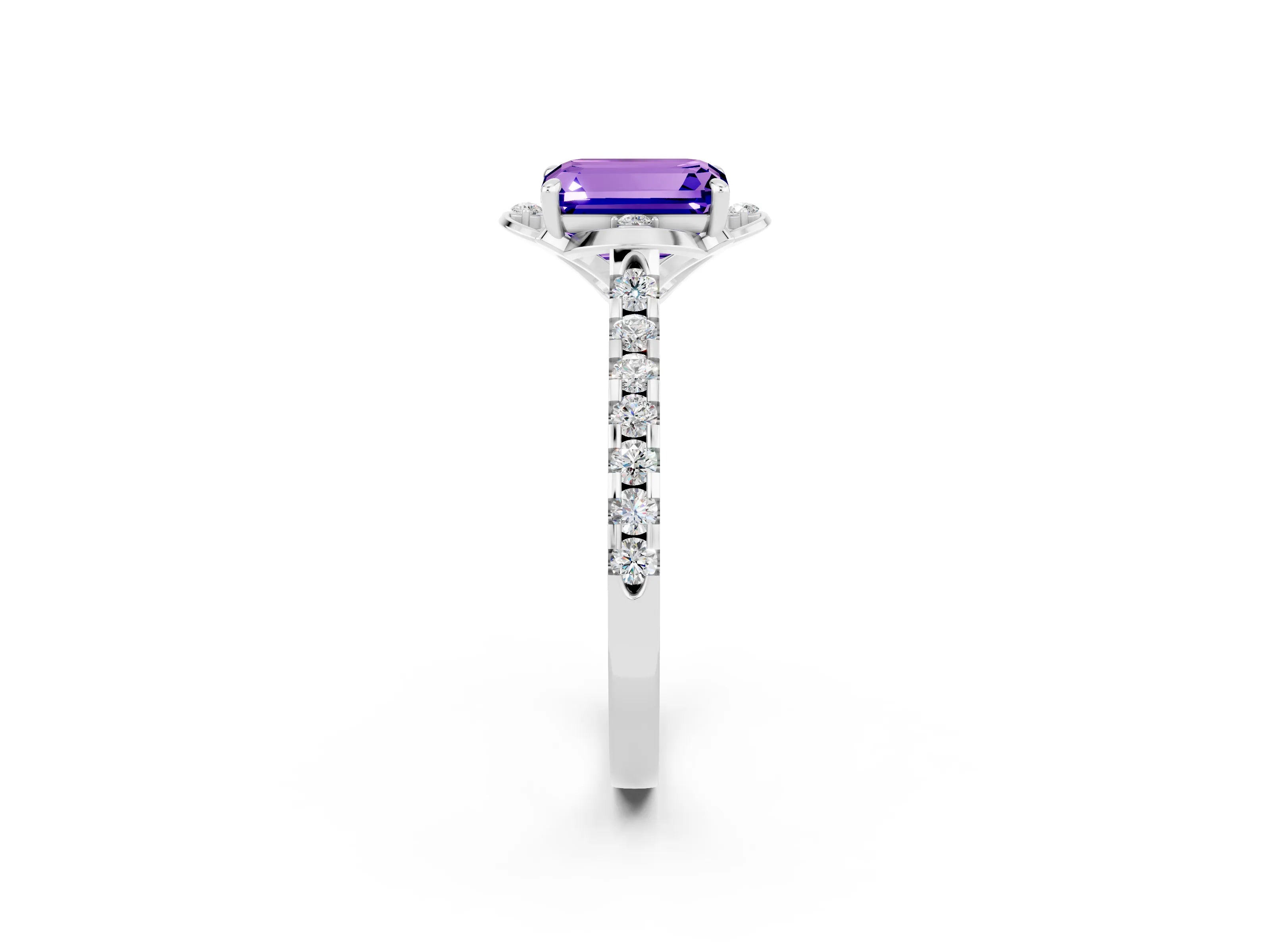 White gold Emerald Cut Tanzanite Ring with Pavé Band and Floral Prong Setting_2