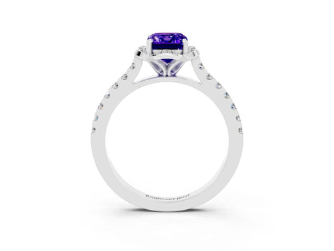 White gold Emerald Cut Tanzanite Ring with Pavé Band and Floral Prong Setting_3
