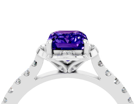 White gold Emerald Cut Tanzanite Ring with Pavé Band and Floral Prong Setting_4