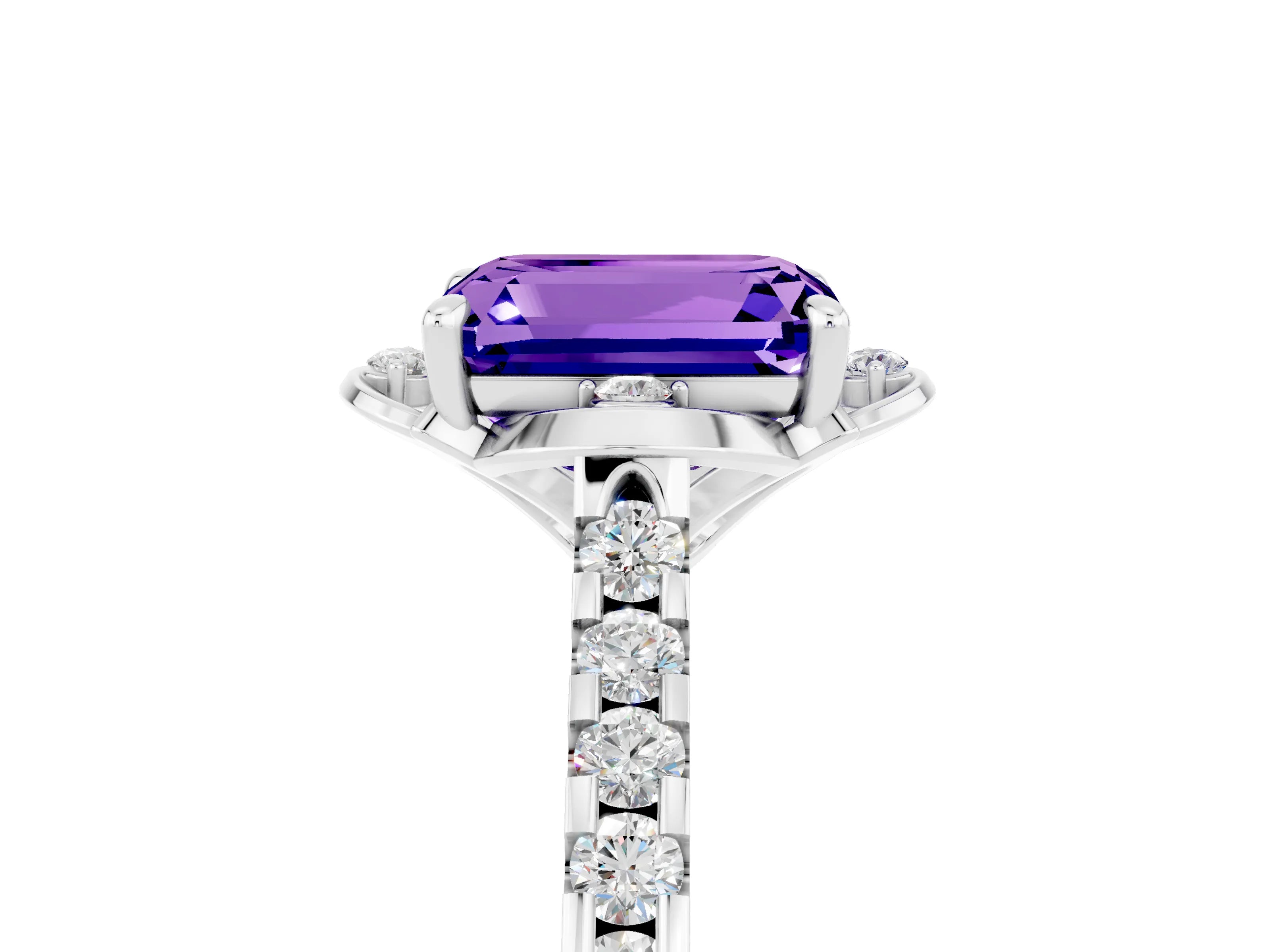 White gold Emerald Cut Tanzanite Ring with Pavé Band and Floral Prong Setting_5