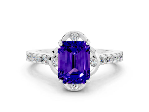 White gold Emerald Cut Tanzanite Ring with Pavé Band and Floral Prong Setting