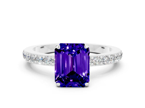 Platinum Emerald Cut Tanzanite Pavé Engagement Ring with Round  Accents and Prong Setting