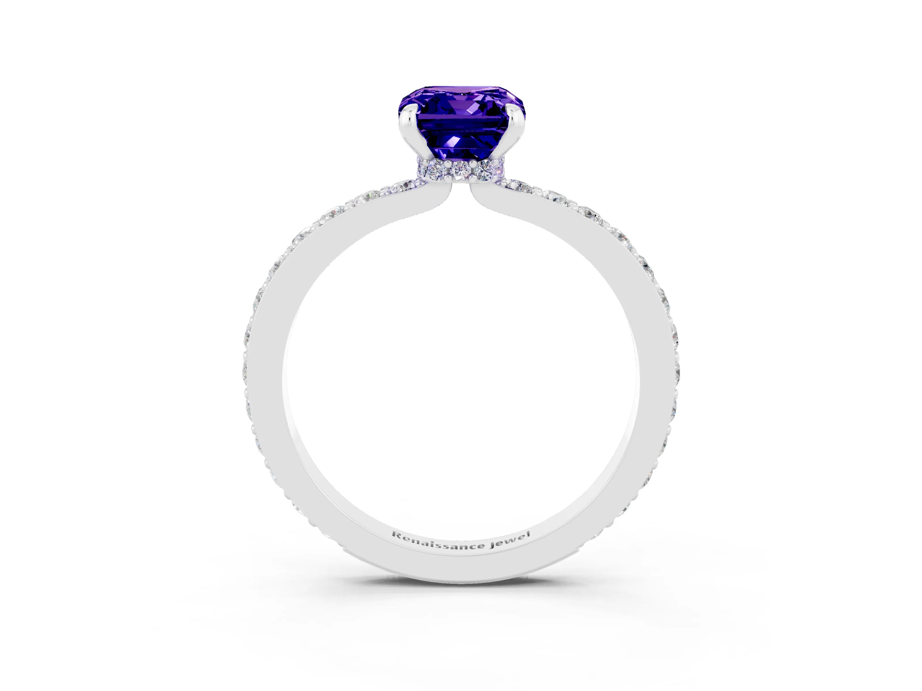 White gold Emerald Cut Tanzanite Ring with Pavé Band and Four-Prong Setting_3