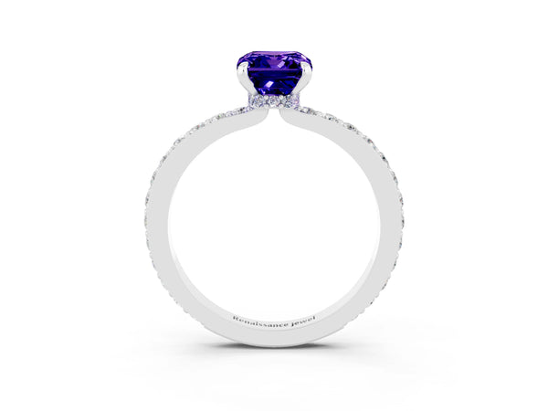 White gold Emerald Cut Tanzanite Pavé Engagement Ring with Round  Accents and Prong Setting