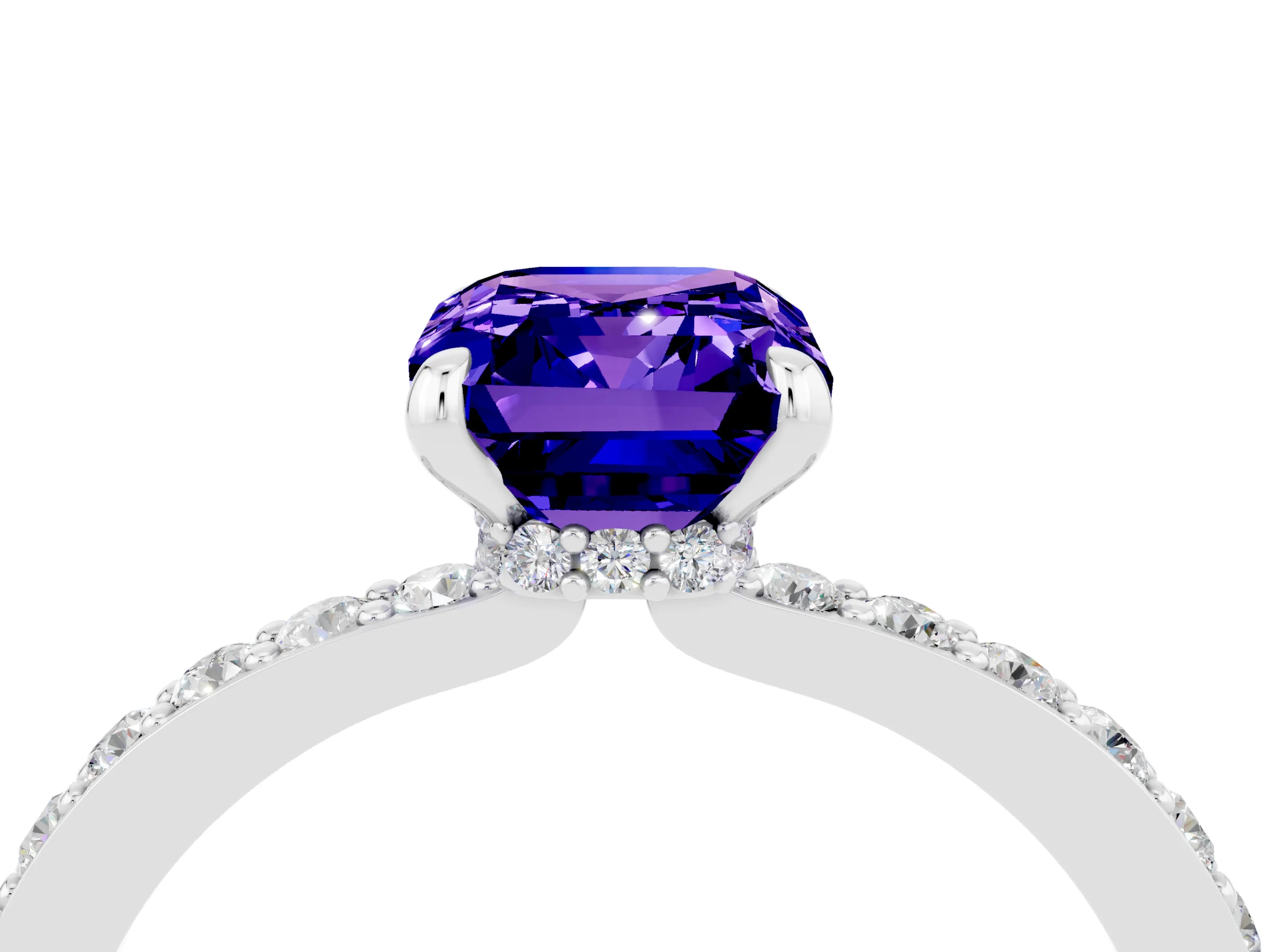 White gold Emerald Cut Tanzanite Ring with Pavé Band and Four-Prong Setting_4