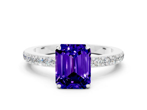 White gold Emerald Cut Tanzanite Ring with Pavé Band and Four-Prong Setting