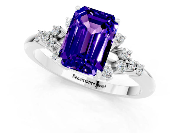 White gold Emerald Cut Tanzanite Ring with Side Stones and Four-Prong Setting
