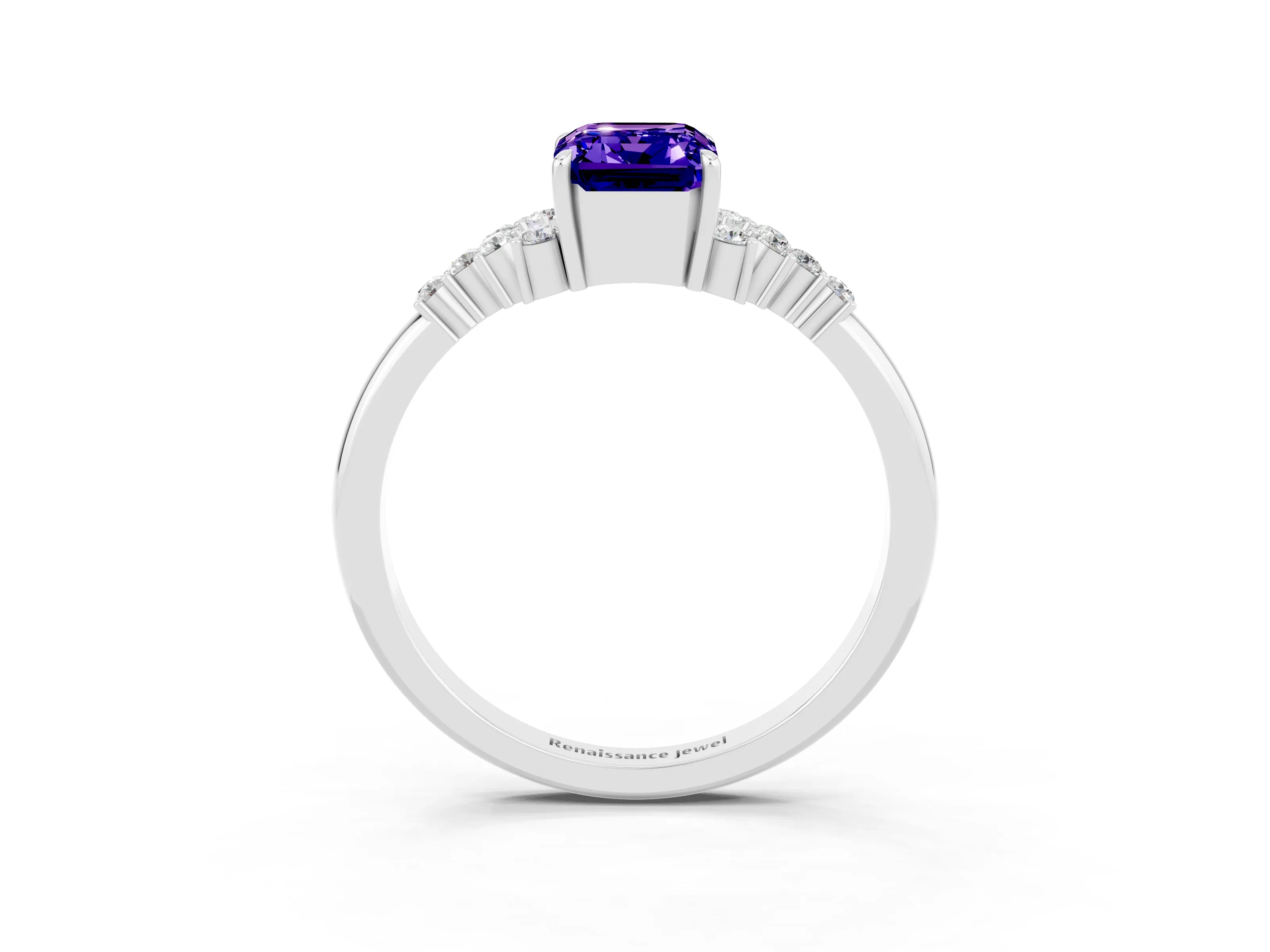 White gold Emerald Cut Tanzanite Ring with Side Stones and Four-Prong Setting_39