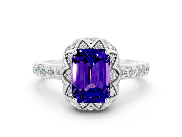 Platinum Emerald Cut Tanzanite Scalloped Halo Engagement Ring with Round Shared Prong Band