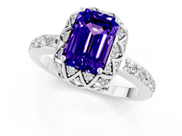 Silver Emerald Cut Tanzanite Scalloped Halo Engagement Ring with Round Shared Prong Band