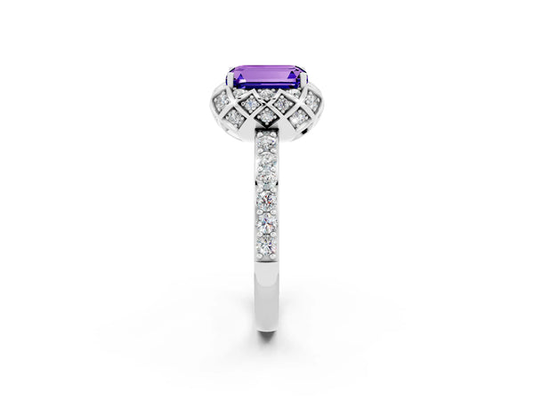 White gold Emerald Cut Tanzanite Scalloped Halo Engagement Ring with Round Shared Prong Band