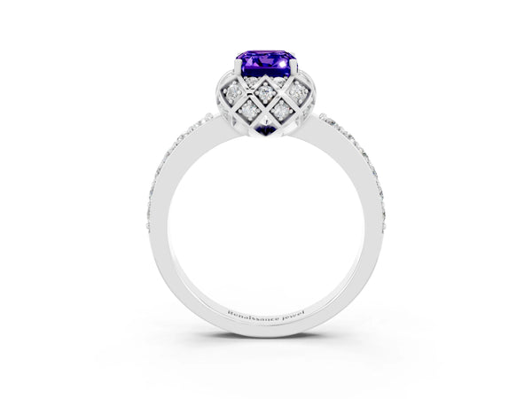 Platinum Emerald Cut Tanzanite Scalloped Halo Engagement Ring with Round Shared Prong Band