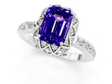 White gold Emerald Cut Tanzanite Scalloped Halo Engagement Ring with Round Shared Prong Band_25