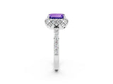 White gold Emerald Cut Tanzanite Scalloped Halo Engagement Ring with Round Shared Prong Band_26