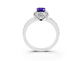 White gold Emerald Cut Tanzanite Scalloped Halo Engagement Ring with Round Shared Prong Band_27