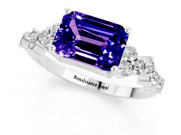 Silver Emerald Cut Tanzanite Scattered Round Accent Ring with Prong Setting