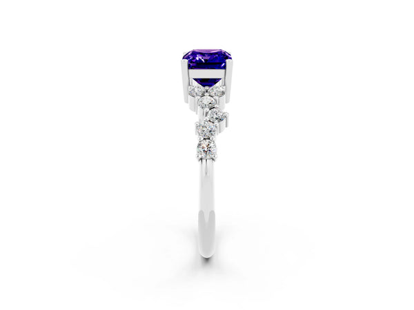 White gold Emerald Cut Tanzanite Scattered Round Accent Ring with Prong Setting