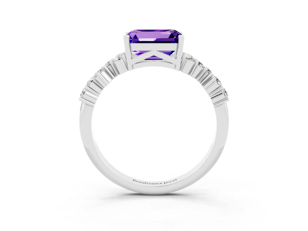 White gold Emerald Cut Tanzanite Scattered Round Accent Ring with Prong Setting