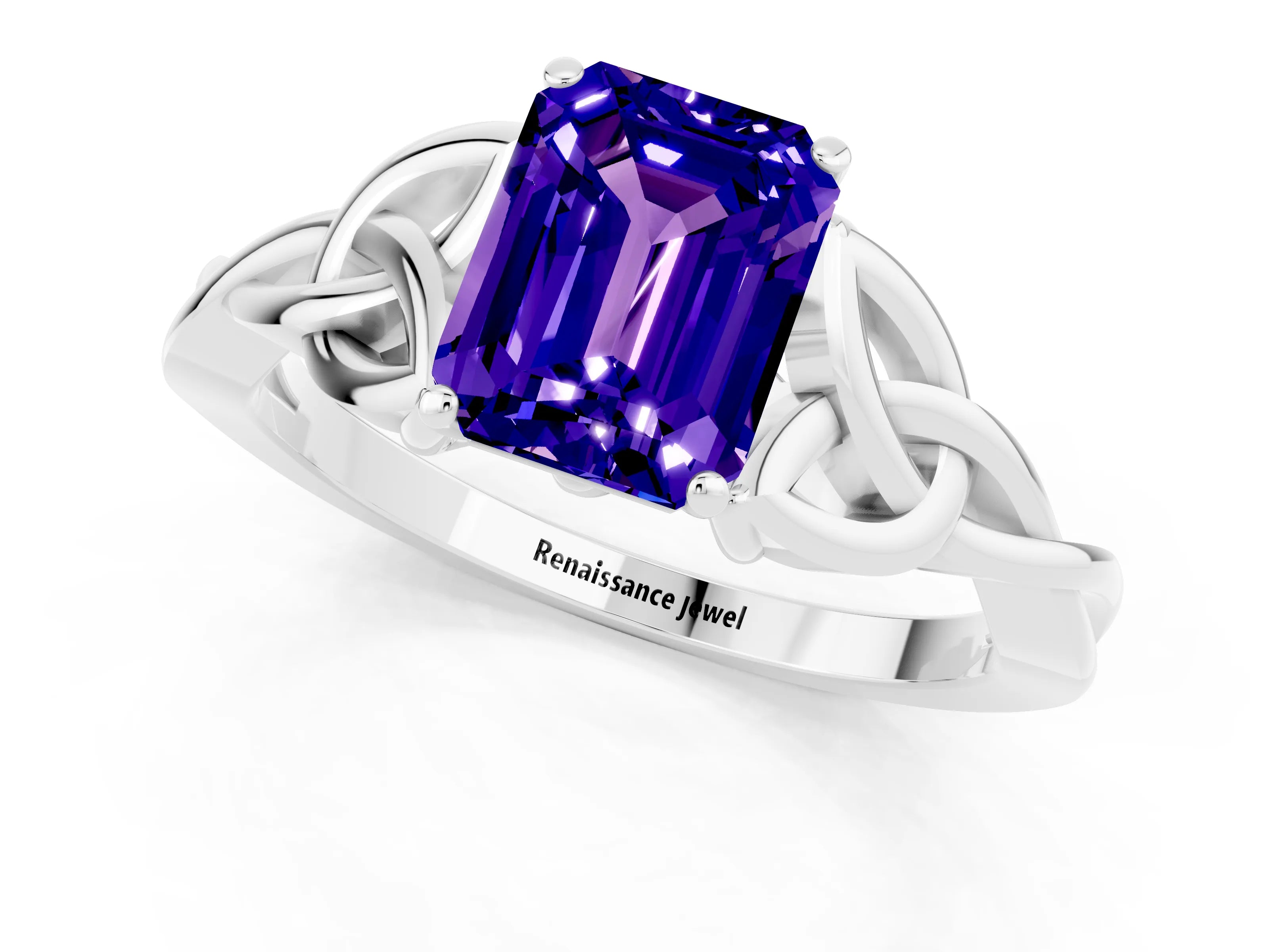 White gold Emerald Cut Tanzanite Solitaire Celtic Knot Ring with Four-Prong Setting_13