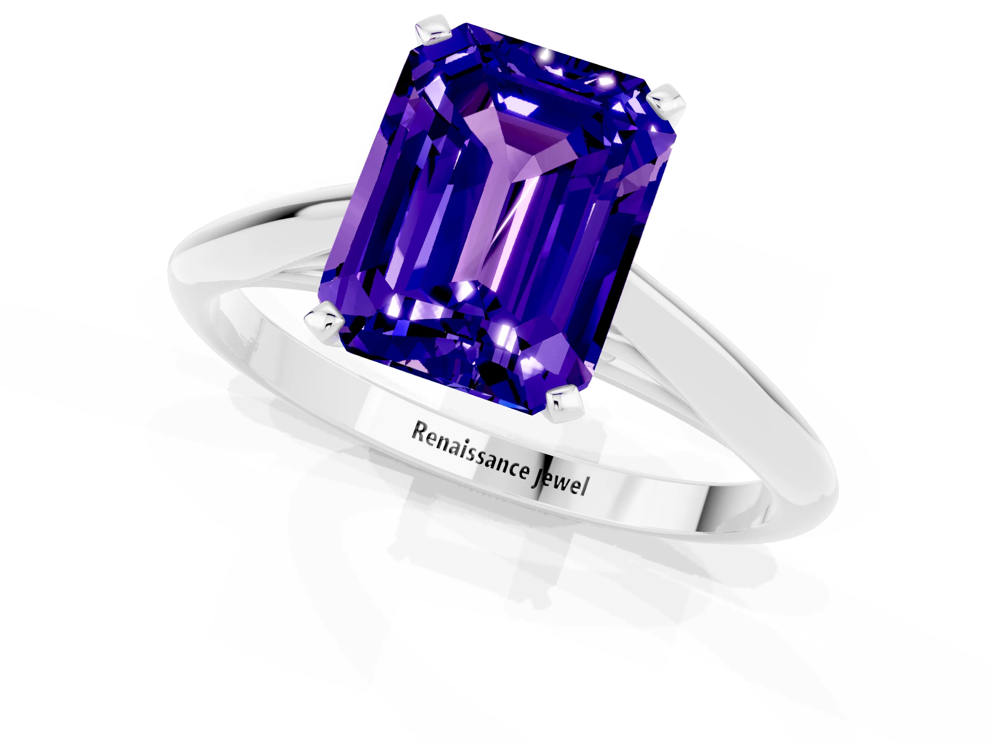 White gold Emerald Cut Tanzanite Solitaire Engagement Ring with Cathedral Setting and Four-Prong Mount_25