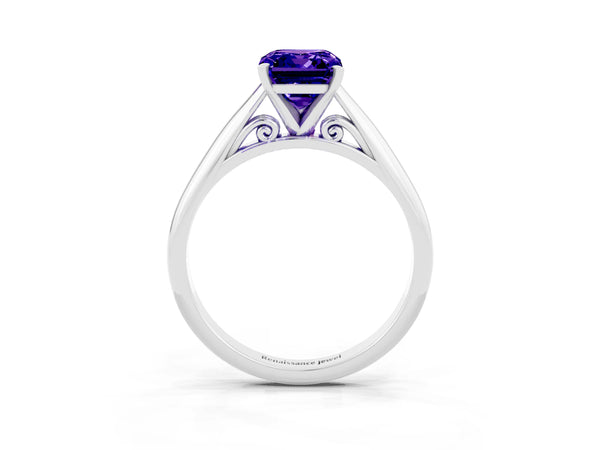Platinum Emerald Cut Tanzanite Solitaire Engagement Ring with Cathedral Setting and Four-Prong Mount