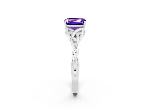 White gold Emerald Cut Tanzanite Solitaire Engagement Ring with Celtic Knot Band and Four-Prong Setting_2