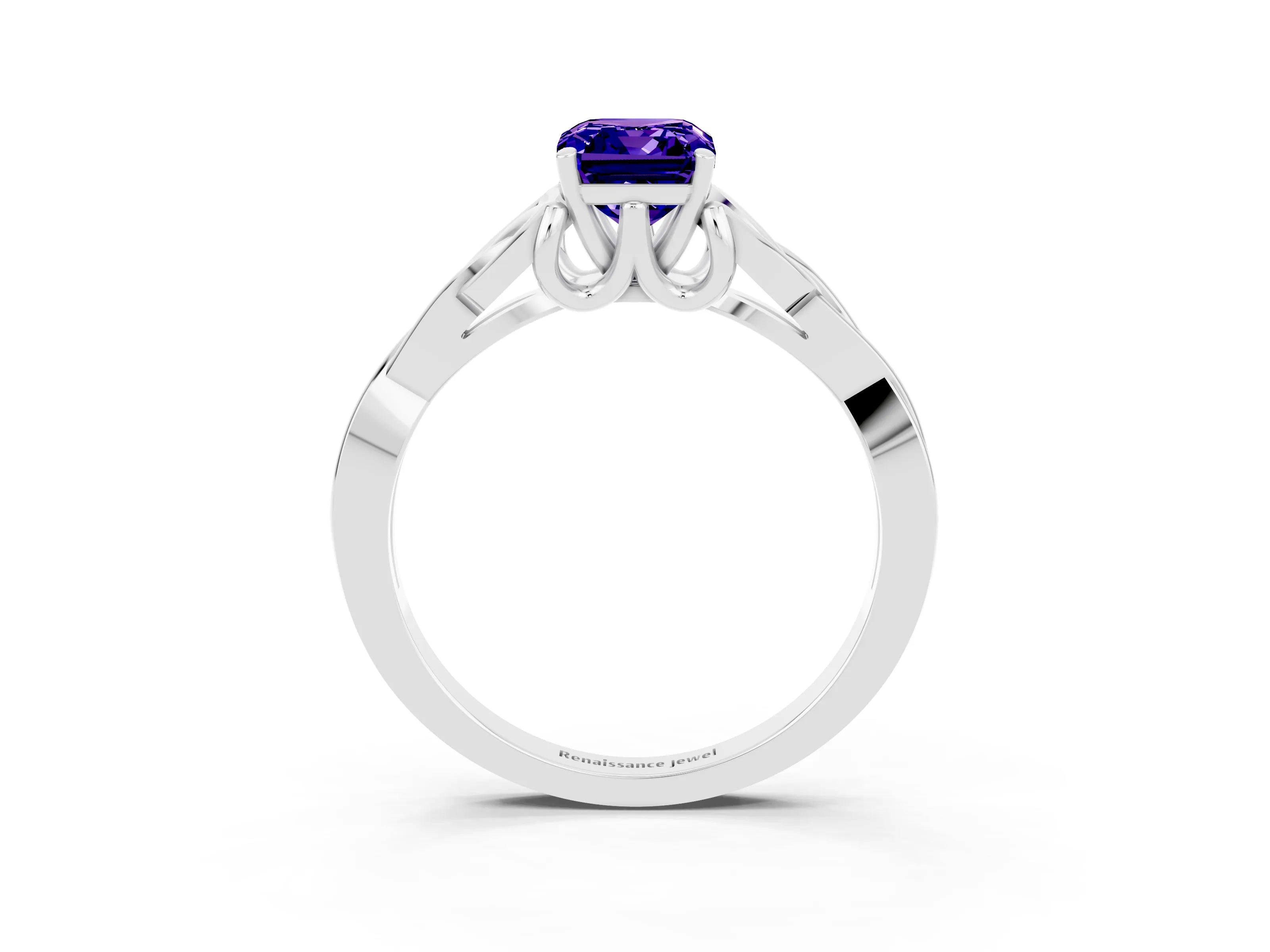 White gold Emerald Cut Tanzanite Solitaire Engagement Ring with Celtic Knot Band and Four-Prong Setting_3