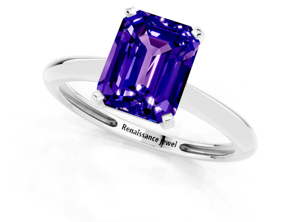 White gold Emerald Cut Tanzanite Solitaire Engagement Ring with Classic Band and Four-Prong Setting