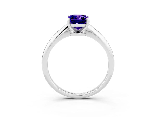 White gold Emerald Cut Tanzanite Solitaire Engagement Ring with Classic Band and Four-Prong Setting